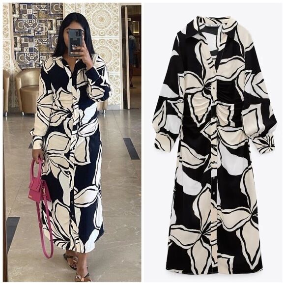 ZARA Floral Print Viscose Midi Shirt Dress New - Picture 1 of 11